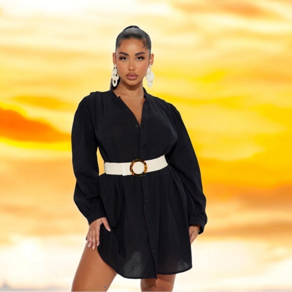 Elegant Black Belted  Shirt Dress - Picture 2 of 3